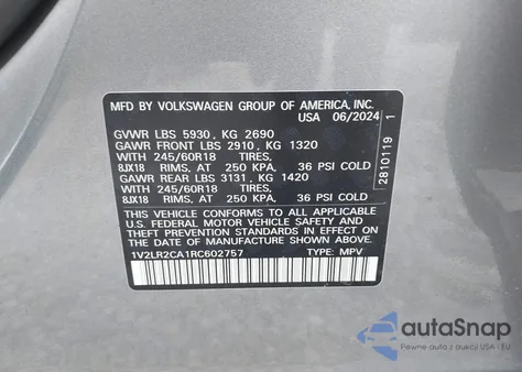 2024 Volkswagen Atlas 2.0T Se from USA, damaged, VIN 1V2LR2CA1RC602757